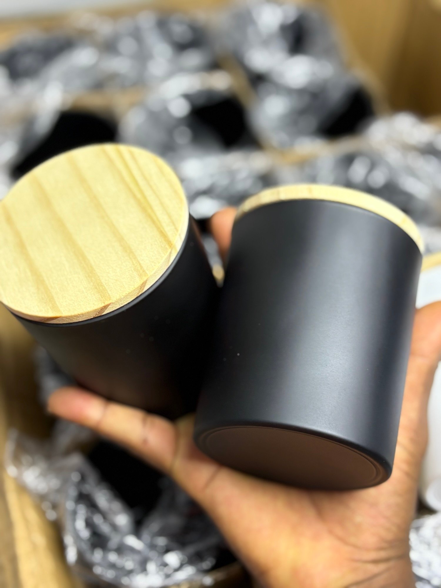 Candle Jars (black with wooden lid)- 300 mls